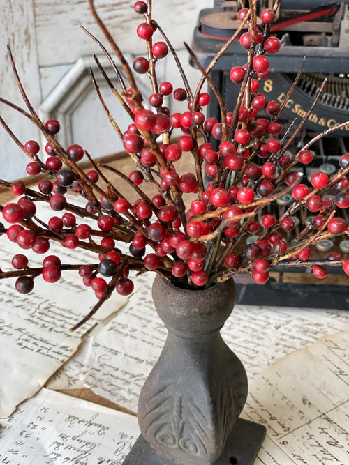 Decorative arrangement of a red berry stem in a stone vase on a rustic surface with vintage items.