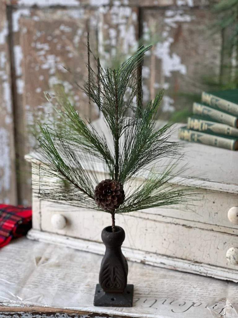 Decorative pine greenery stem with pinecones in a black pot on a rustic wooden surface.