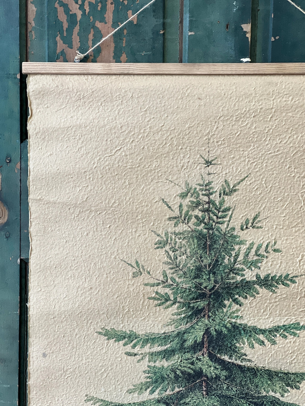 Close up image of a textured ivory scroll with a green tree design on a beige background