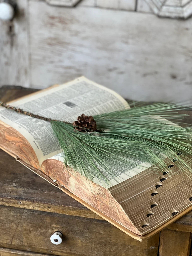 Close up of a pine stem with green pine needles and a small pinecone in a dark ceramic vase, styled on an open vintage book against a distressed white wooden door background.