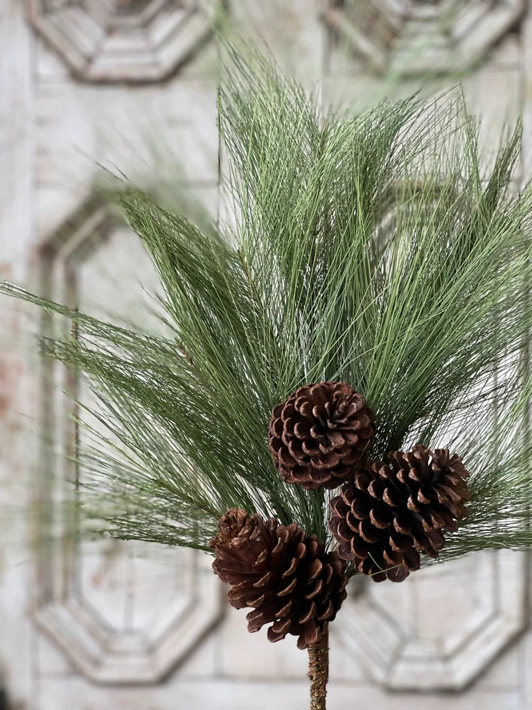 A close-up of a pine branch with green needles and three brown pinecones, set against a softly blurred decorative white background.