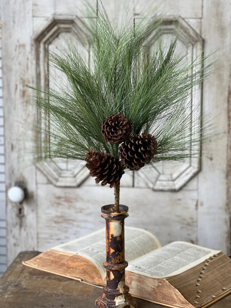 A rustic greenery stem featuring green pine needles and three brown pinecones arranged in a distressed metal candlestick holder, set on an open vintage book against a weathered white wooden door background.
