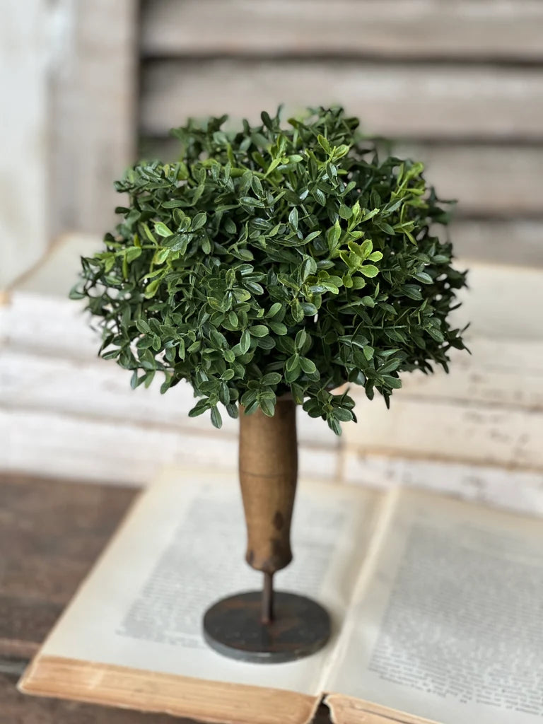 Faux green boxwood half sphere on wooden vase on an open book 