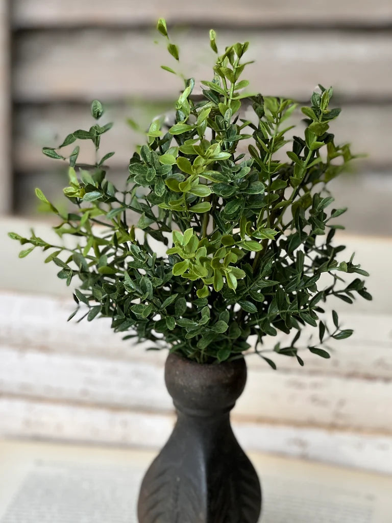 Small green boxwood stem in a wooden spindle vase with a blurred background