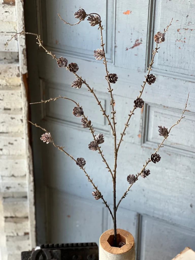 Decorative branch with pine cones in a wooden vase against a light blue wall.