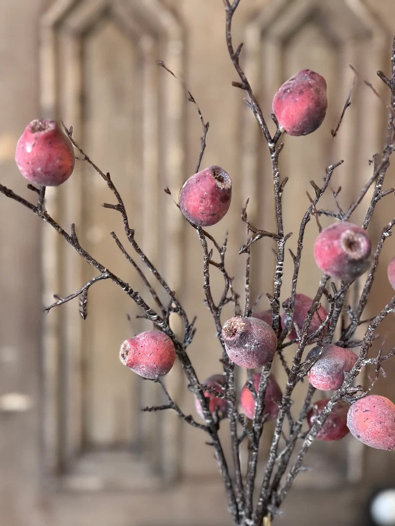 Artificial branches with dusty red pods against a blurred background
