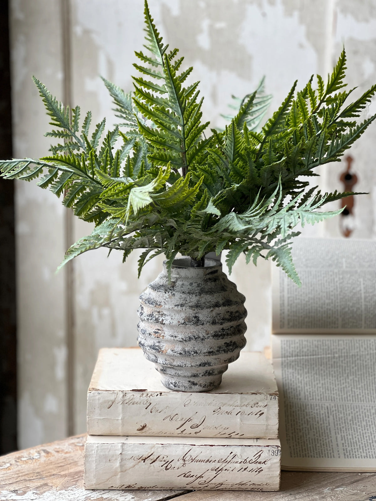 Distressed ridged wood vase with a large fern stem setting on a stack of ivory books.