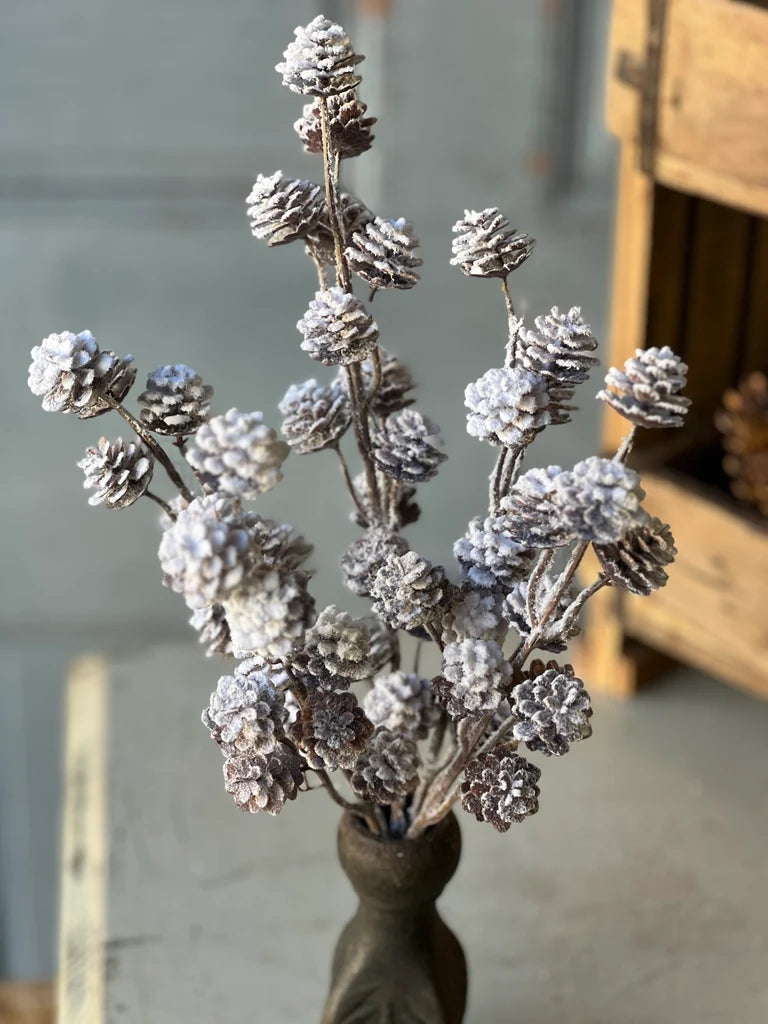 Frosted artificial pinecones stem, arranged in a dark brown ceramic vase, set against a softly blurred rustic indoor background.