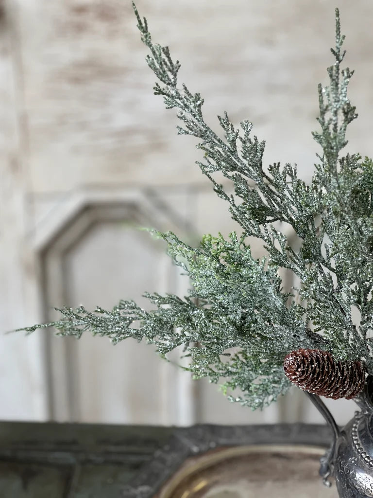 Frosted green pine branches with a small brown pinecone in a dark vase, set against a softly blurred rustic beige background.
