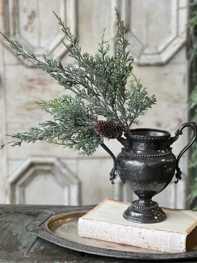 Decorative greenery cedar stem with a pine cone in an ornate black vase on a rustic surface.