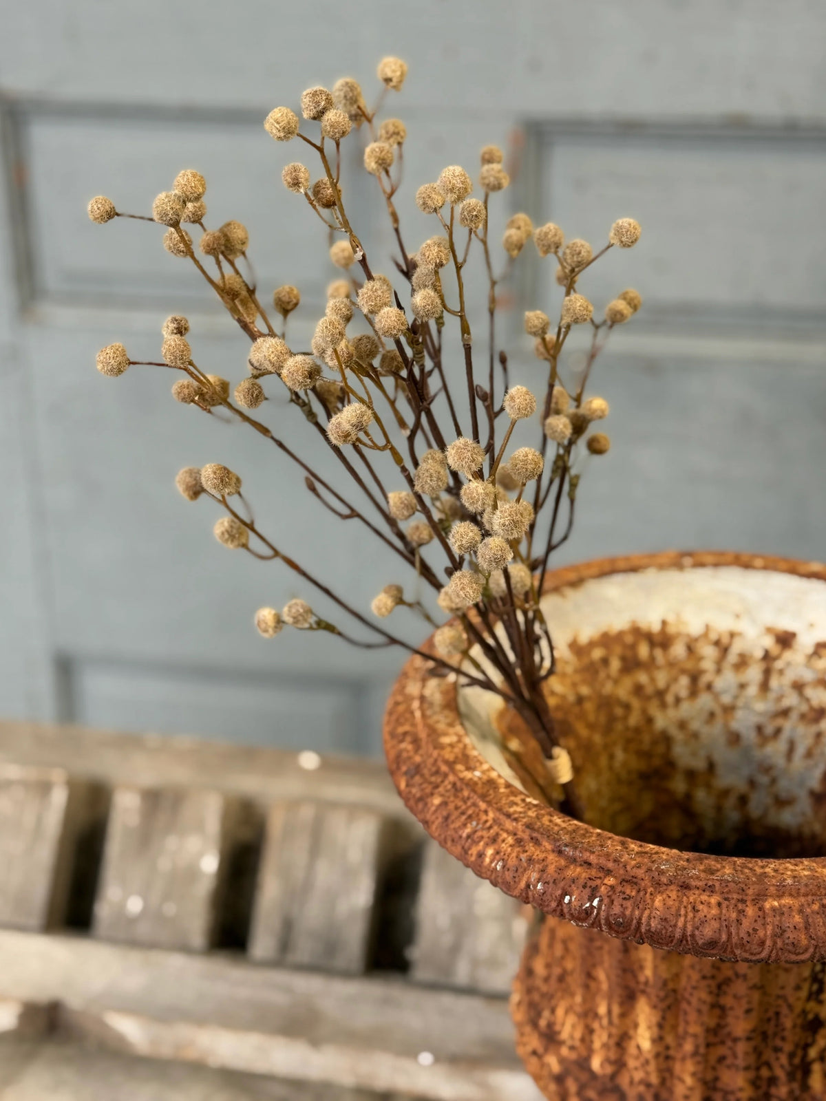 Dried stems in a rustic brown pot against a wooden bench and gray wall.
